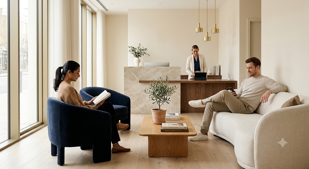 Reception corner — armchair, lamp, framed prints