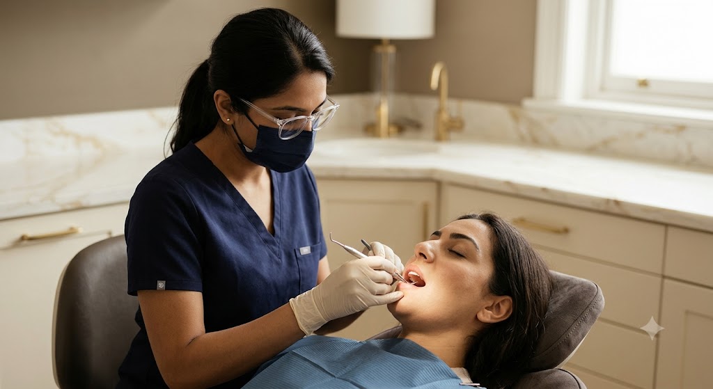 Clinician inspecting patient smile — close-up